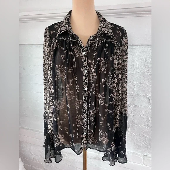 FreePeople Serena Black Floral Blouse Sheer Button Up Ditzy Cottage Witch Size M - Picture 10 of 16